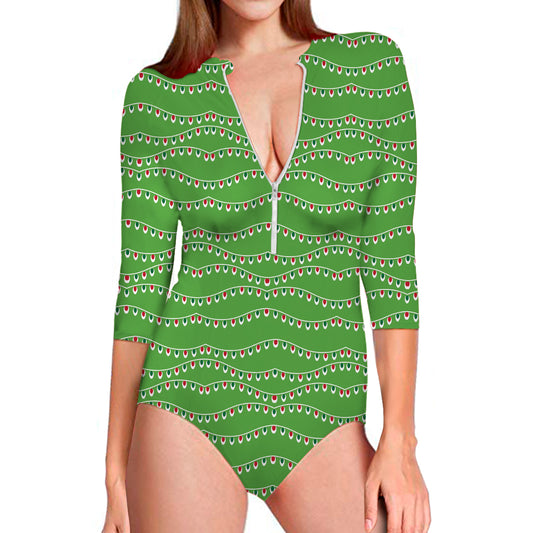 Merry Christmas Lights Pattern Print Long Sleeve Swimsuit