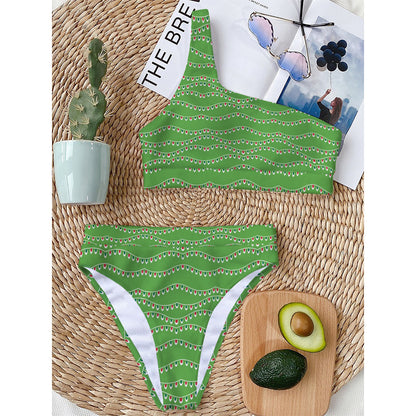 Merry Christmas Lights Pattern Print One Shoulder Bikini Top