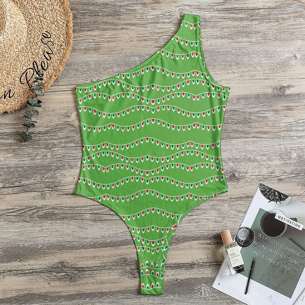 Merry Christmas Lights Pattern Print One Shoulder Bodysuit