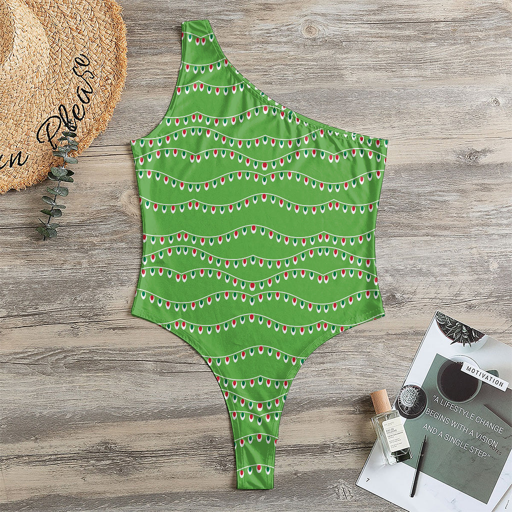 Merry Christmas Lights Pattern Print One Shoulder Bodysuit