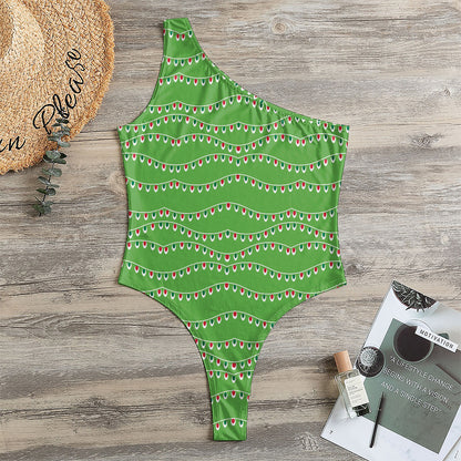 Merry Christmas Lights Pattern Print One Shoulder Bodysuit