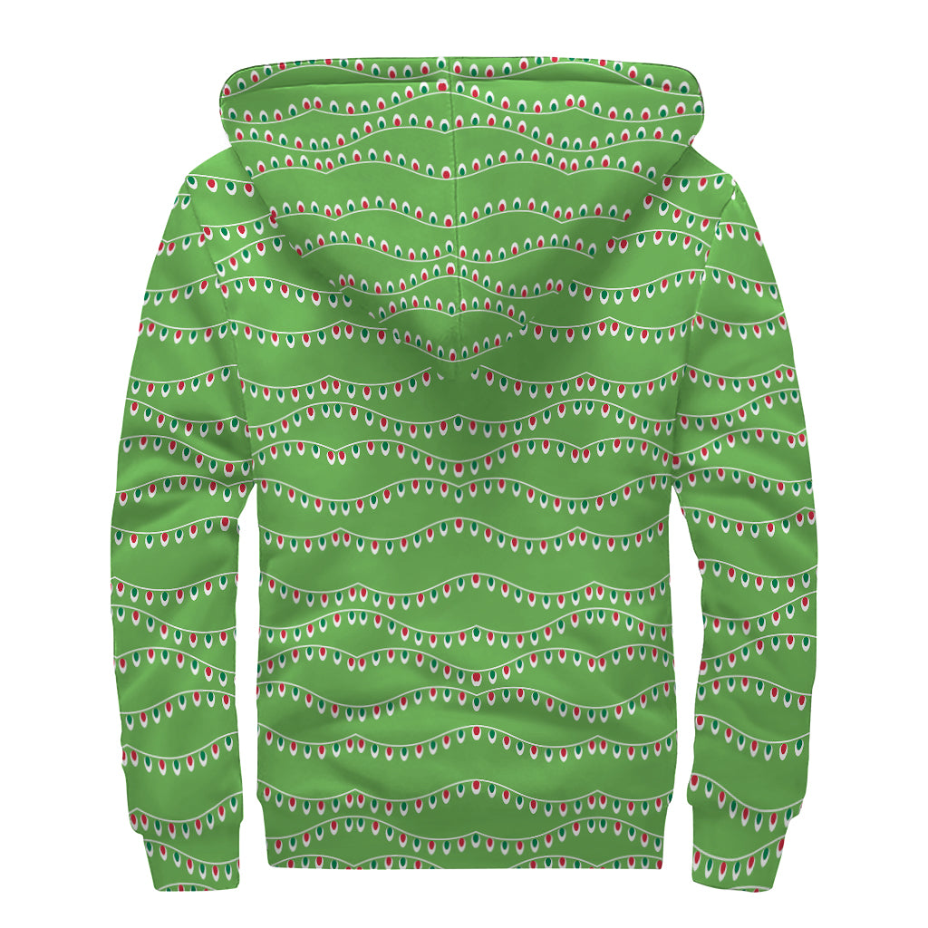 Merry Christmas Lights Pattern Print Sherpa Lined Zip Up Hoodie