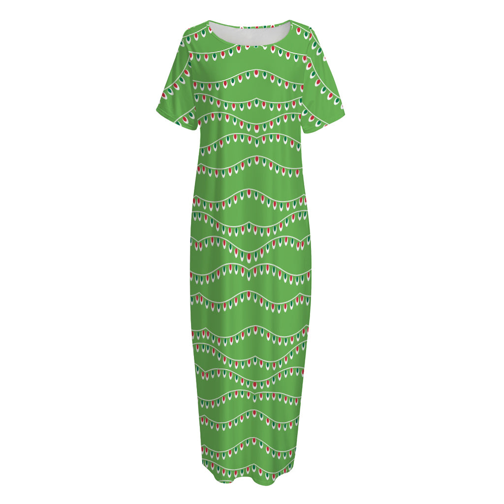 Merry Christmas Lights Pattern Print Short Sleeve Long Nightdress