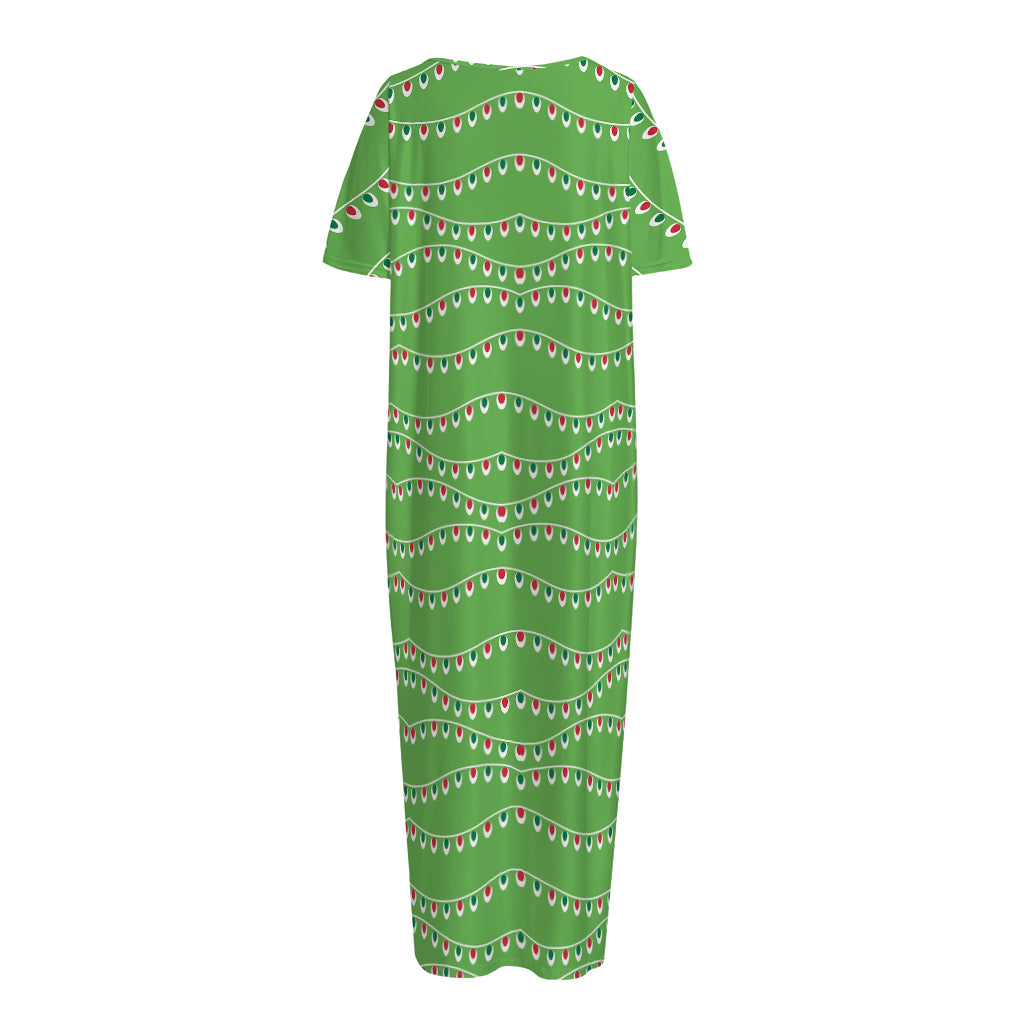 Merry Christmas Lights Pattern Print Short Sleeve Long Nightdress
