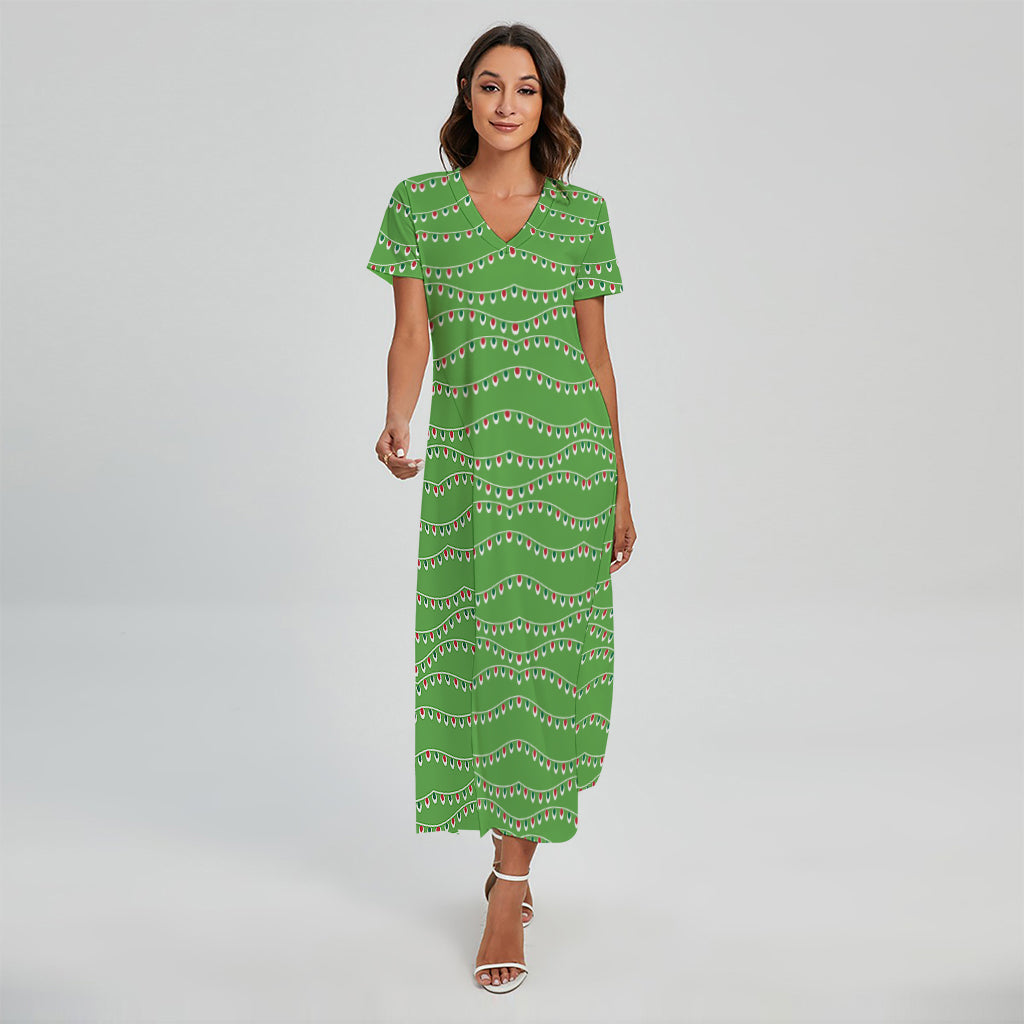 Merry Christmas Lights Pattern Print Short Sleeve Maxi Dress