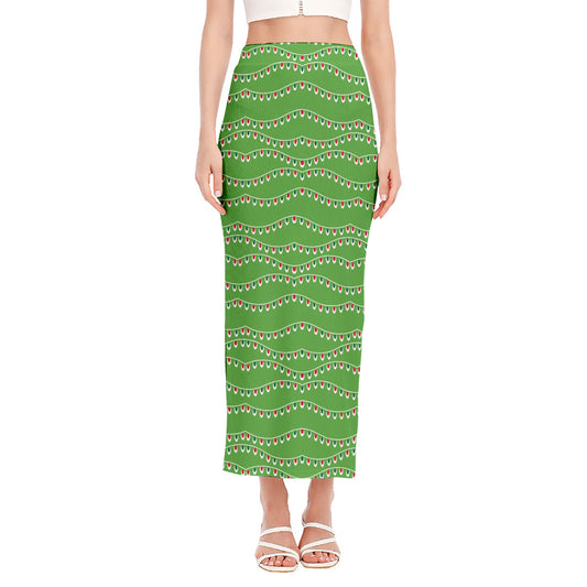 Merry Christmas Lights Pattern Print Side Slit Maxi Skirt