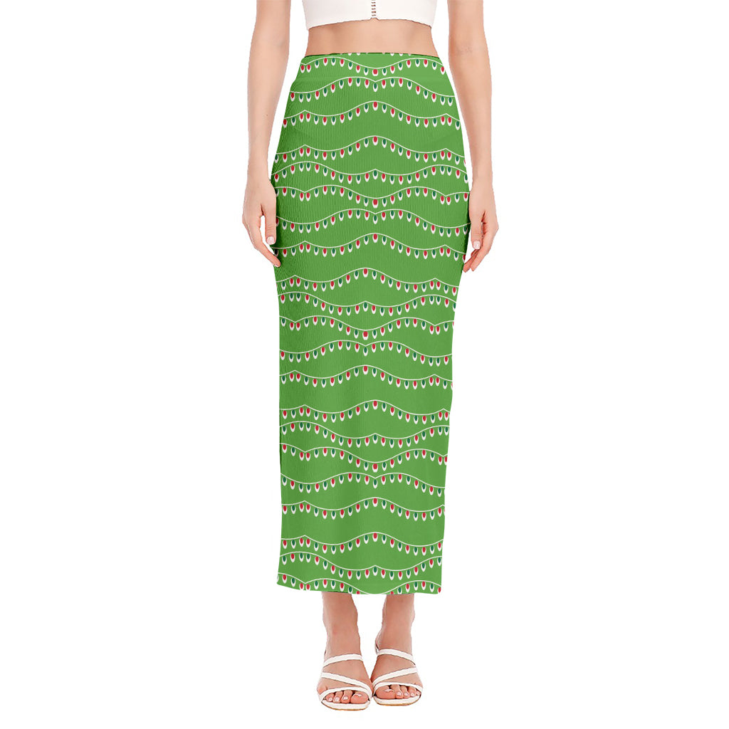 Merry Christmas Lights Pattern Print Side Slit Maxi Skirt