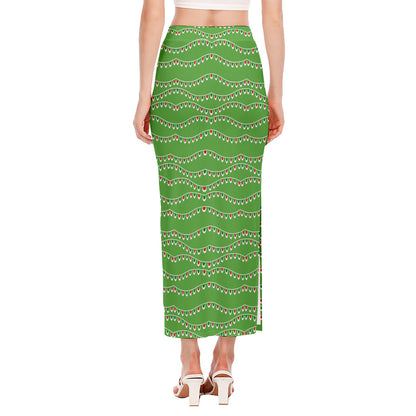 Merry Christmas Lights Pattern Print Side Slit Maxi Skirt