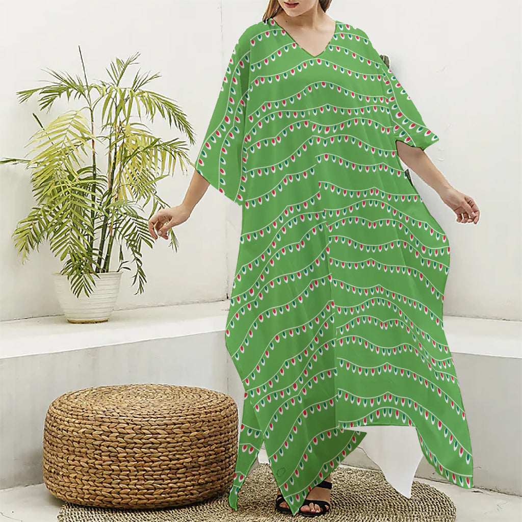 Merry Christmas Lights Pattern Print Silk V-Neck Kaftan Dress