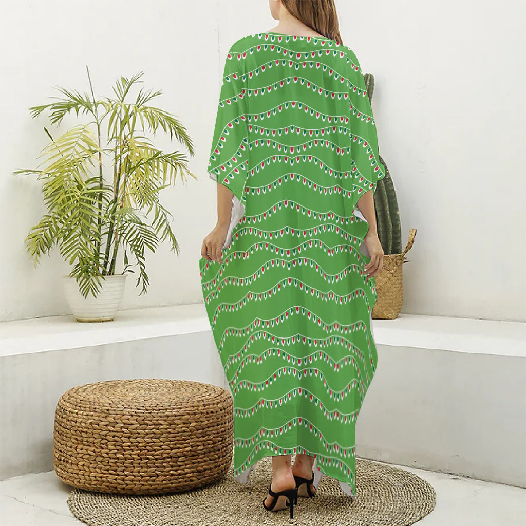 Merry Christmas Lights Pattern Print Silk V-Neck Kaftan Dress
