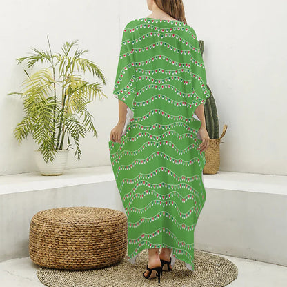 Merry Christmas Lights Pattern Print Silk V-Neck Kaftan Dress