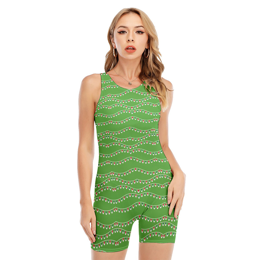 Merry Christmas Lights Pattern Print Sleeveless One Piece Swimsuit