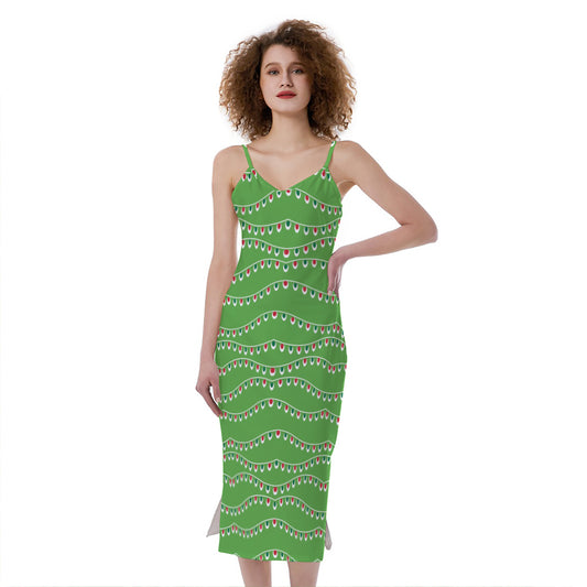 Merry Christmas Lights Pattern Print Slim Fit Midi Cami Dress