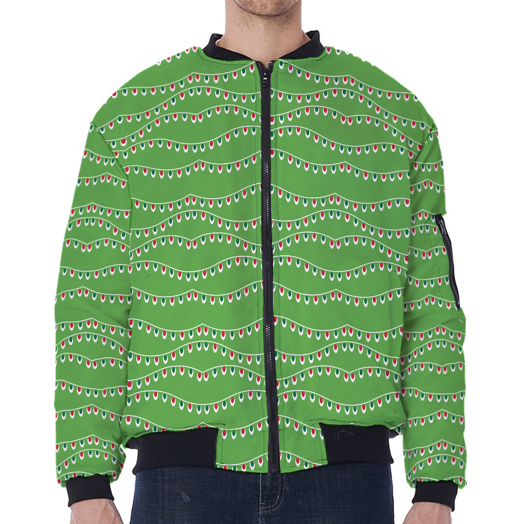Merry Christmas Lights Pattern Print Zip Sleeve Bomber Jacket