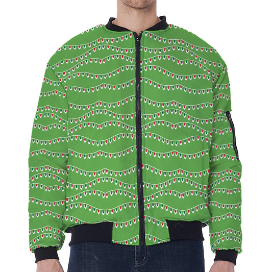 Merry Christmas Lights Pattern Print Zip Sleeve Bomber Jacket