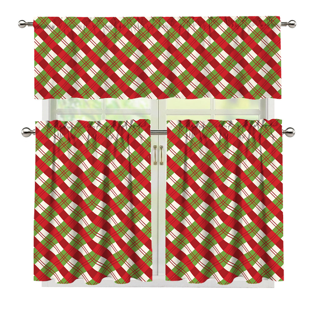 Merry Christmas Plaid Pattern Print 3 Piece Kitchen Curtains
