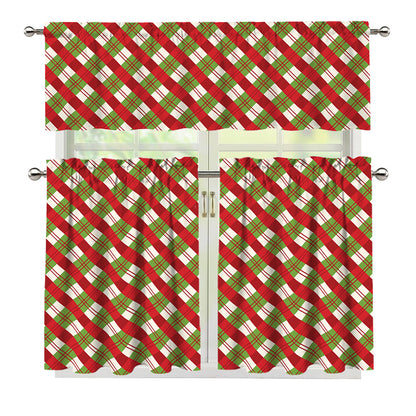 Merry Christmas Plaid Pattern Print 3 Piece Kitchen Curtains