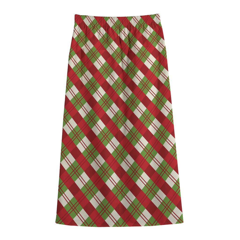 Merry Christmas Plaid Pattern Print Cotton Front Slit Maxi Skirt