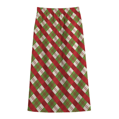Merry Christmas Plaid Pattern Print Cotton Front Slit Maxi Skirt