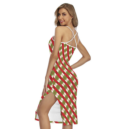Merry Christmas Plaid Pattern Print Cross Back Cami Dress