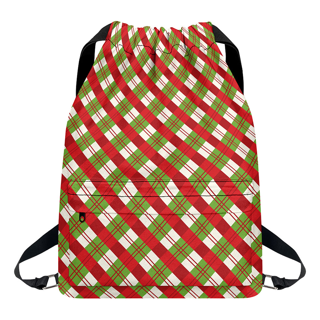 Merry Christmas Plaid Pattern Print Drawstring Backpack
