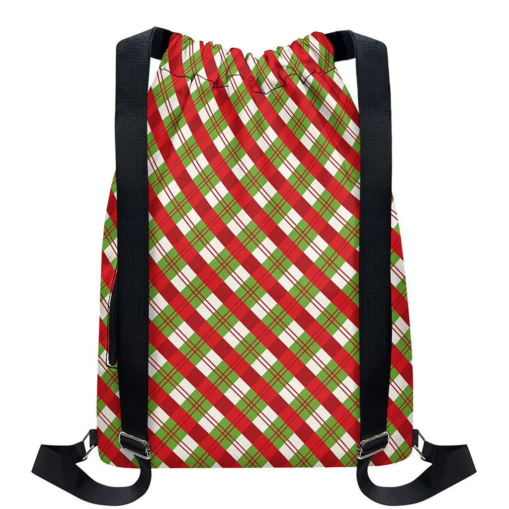 Merry Christmas Plaid Pattern Print Drawstring Backpack