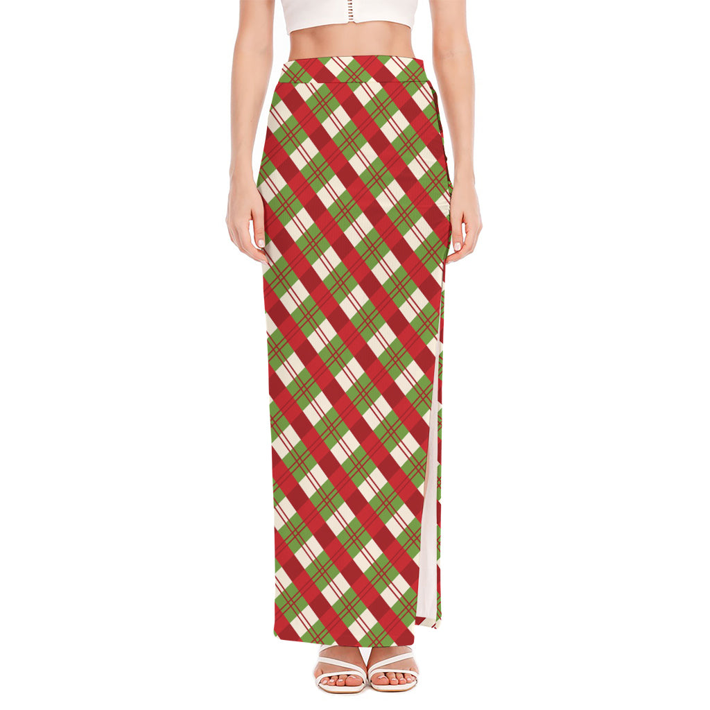 Merry Christmas Plaid Pattern Print High Slit Maxi Skirt