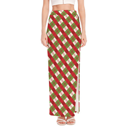 Merry Christmas Plaid Pattern Print High Slit Maxi Skirt