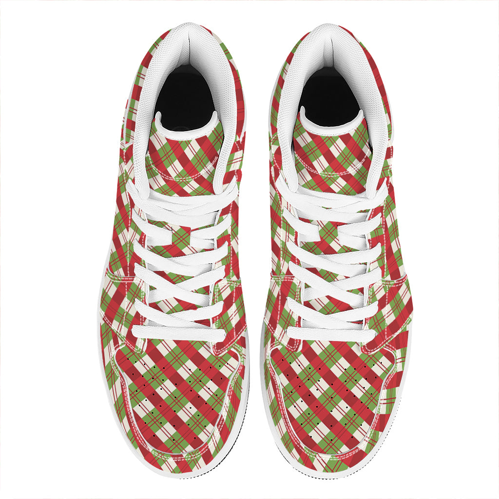 Merry Christmas Plaid Pattern Print High Top Leather Sneakers