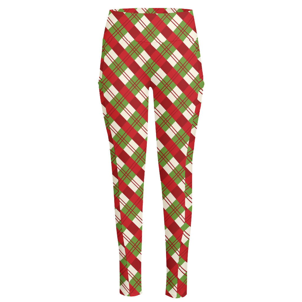 Merry Christmas Plaid Pattern Print High-Waisted Pocket Leggings