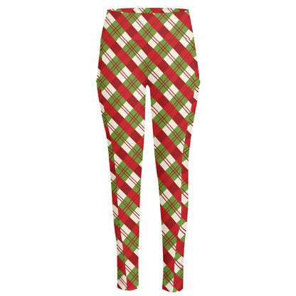 Merry Christmas Plaid Pattern Print High-Waisted Pocket Leggings