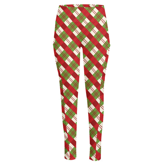 Merry Christmas Plaid Pattern Print High-Waisted Pocket Leggings