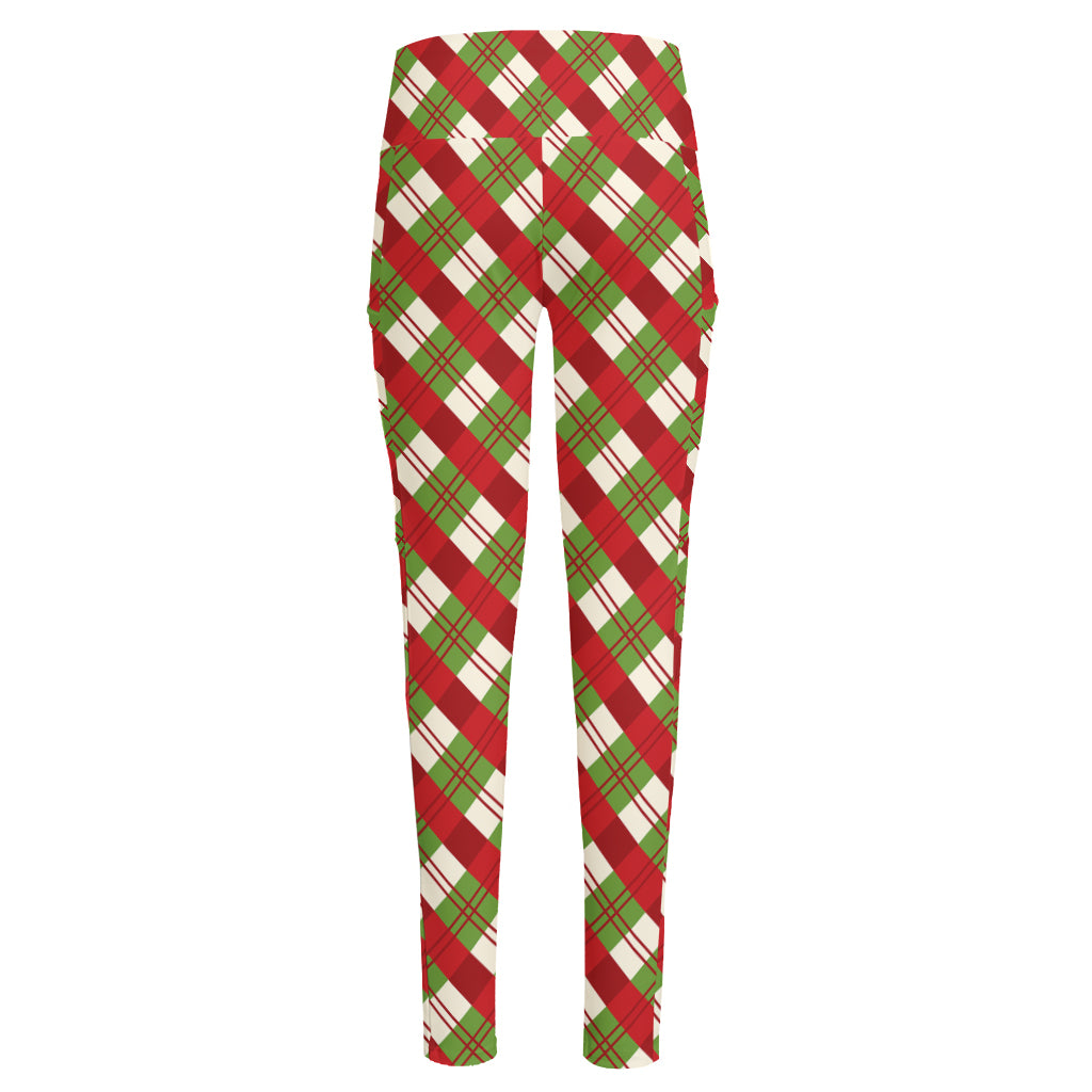 Merry Christmas Plaid Pattern Print High-Waisted Pocket Leggings