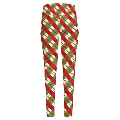 Merry Christmas Plaid Pattern Print High-Waisted Pocket Leggings