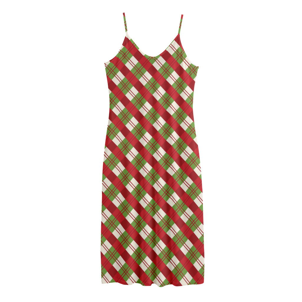 Merry Christmas Plaid Pattern Print Jersey Midi Cami Dress