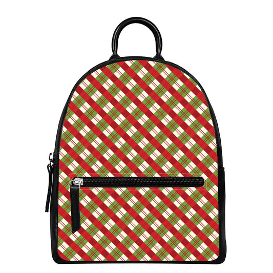 Merry Christmas Plaid Pattern Print Leather Backpack