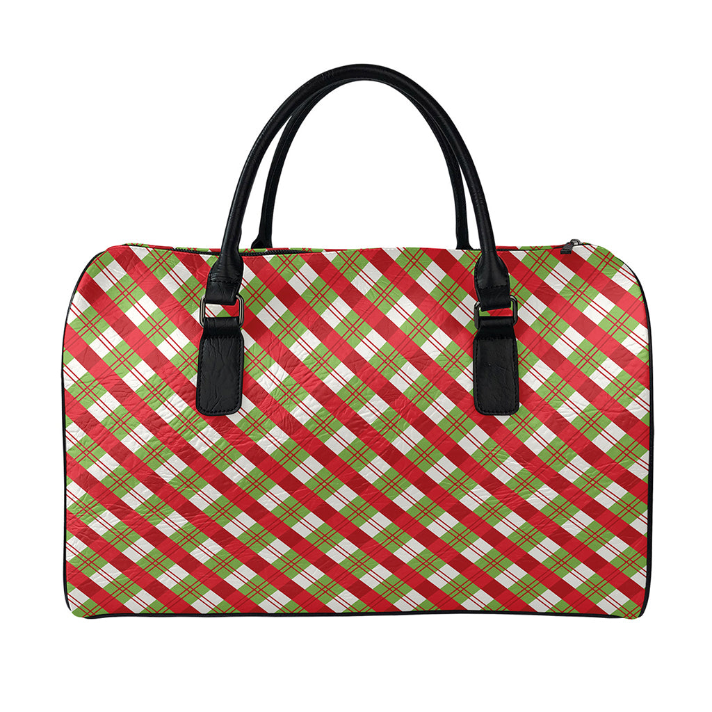 Merry Christmas Plaid Pattern Print Leather Duffle Bag