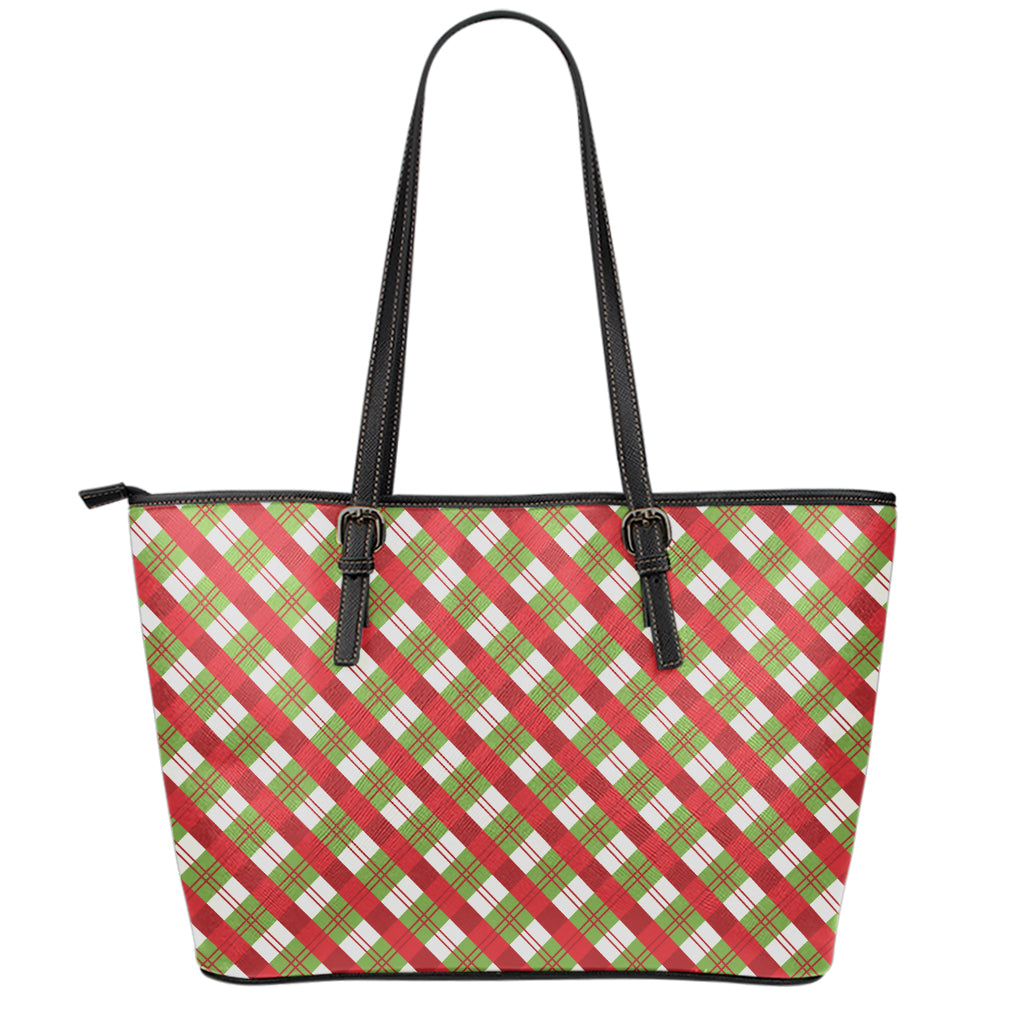 Merry Christmas Plaid Pattern Print Leather Tote Bag