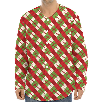 Merry Christmas Plaid Pattern Print Long Sleeve Baseball Jersey