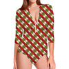Merry Christmas Plaid Pattern Print Long Sleeve Swimsuit