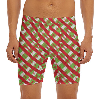 Merry Christmas Plaid Pattern Print Men's Long Boxer Briefs