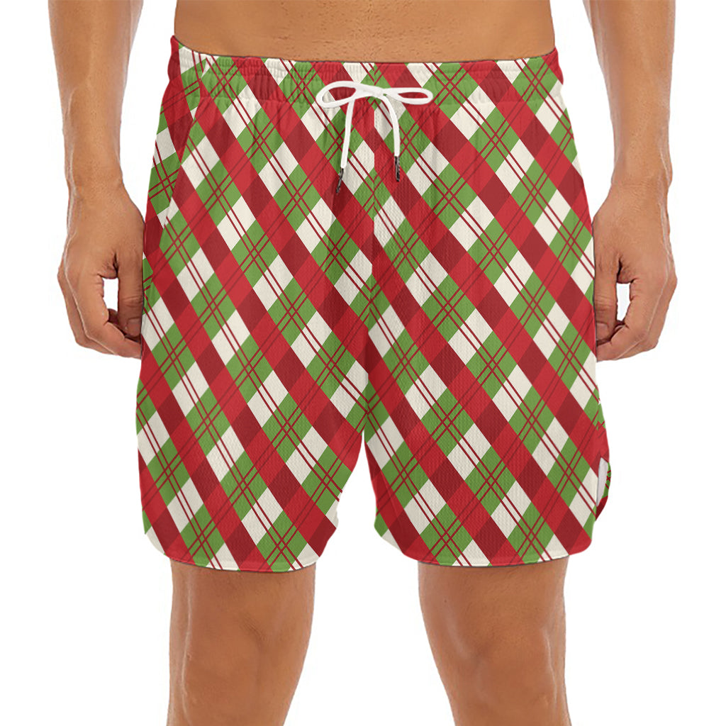 Merry Christmas Plaid Pattern Print Men's Split Running Shorts