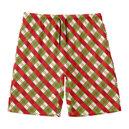 Merry Christmas Plaid Pattern Print Men's Swim Trunks