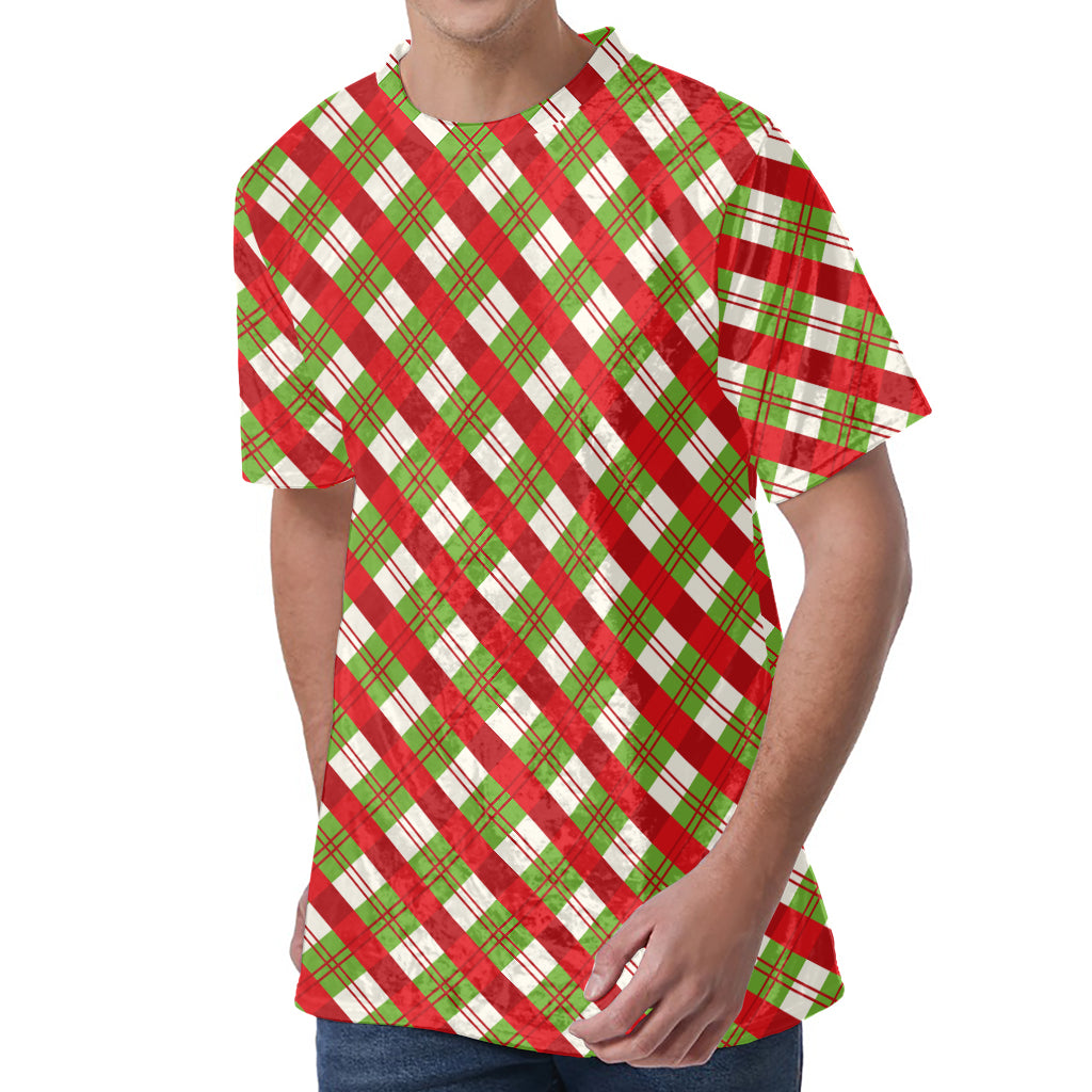 Merry Christmas Plaid Pattern Print Men's Velvet T-Shirt