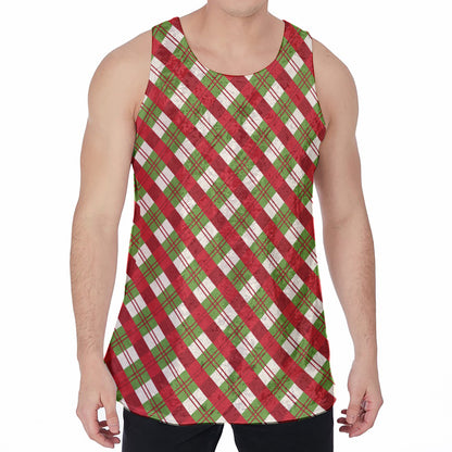 Merry Christmas Plaid Pattern Print Men's Velvet Tank Top