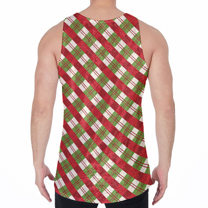 Merry Christmas Plaid Pattern Print Men's Velvet Tank Top