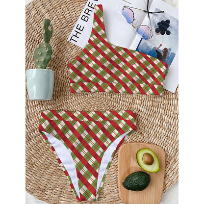 Merry Christmas Plaid Pattern Print One Shoulder Bikini Top