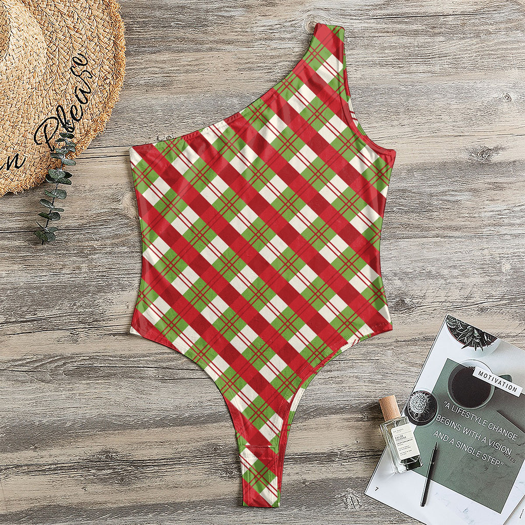 Merry Christmas Plaid Pattern Print One Shoulder Bodysuit