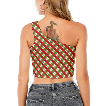 Merry Christmas Plaid Pattern Print One Shoulder Crop Top