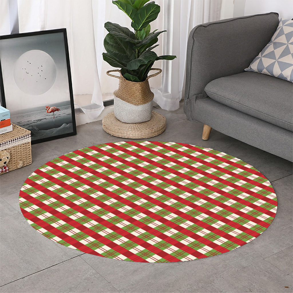 Merry Christmas Plaid Pattern Print Round Rug